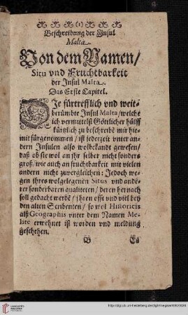 Das Erste Capitel: Von dem Namen / Sicu und Furchbarkeit der Insul Malta