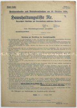 Anleitung zum Ausfüllen einer Haushaltungsliste für die Volkszählung der Stadt Kassel vom 10. Oktober 1934