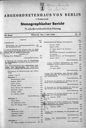 Nr. 14 (74), 01.07.1953 (Außerordentliche Sitzung)