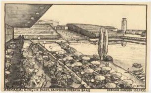 Gesamtbebauungsplan Ankara Teilbebauungsplan Jugendpark: Perspektivische Ansicht (Vogelschau) mit Blick auf große Kaskaden und Schwimmbad