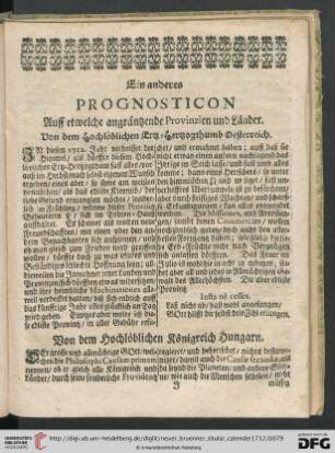 Ein anderes Prognosticon Auff etwelche angränzende Provinzien und Länder
