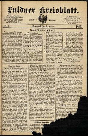Erste Ausgabe vom Samstag, den 09. Januar 1886.