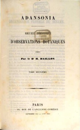 Adansonia : recueil périodique d'observations botaniques. 2. 1861/62, Sept. - Aug.