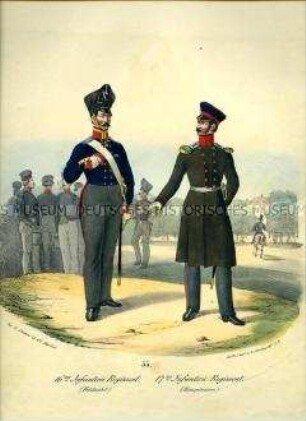 Uniformdarstellung, Feldwebel des 16. Infanterie-Regiments, Hauptmann des 17. Infanterie-Regiments, Preußen 1830. Aus: Elzholz u.a.: Das Preussische Heer. Tafel 55.
