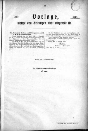 Anlagen: (701), Vorlagen, welche den Zeitungen nich mitgeteilt sind, 02. September 1921