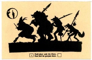 Kunstwart-Postkarte, Die Viere 1-4 (Der Weltkrieg als Tierfabel mit Bildern erzählt): Nr. 111 /1/: Noch einer und die Tiere ...