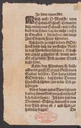 Wach auff/ O Mensch/ vom Sünden=Schlaff/ Ermuntre dich verlohrnes Schaaff/