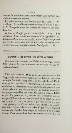 Réponse a une lettre sur cette question: Construire un triangle semblable à un triangle donné ABC [...]