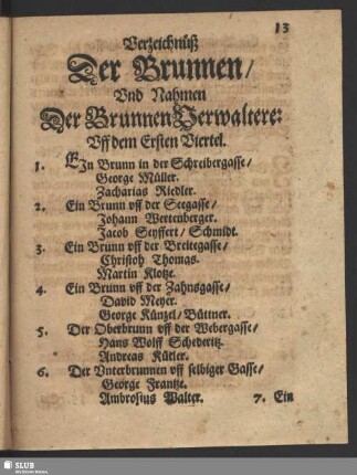 Verzeichnueß Der Brunnen und Nahmen Der BrunnenVerwaltere