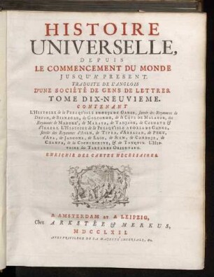 19: Histoire Universelle, Depuis Le Commencement Du Monde, Jusqu'A Present. Tome Dix-Neuvieme