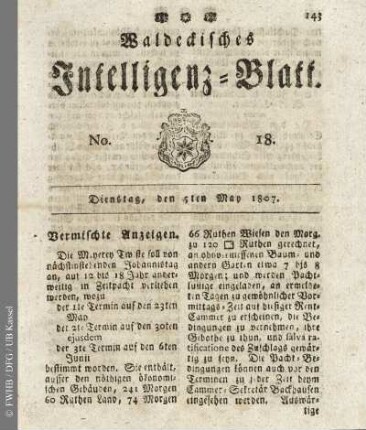 No. 18, Dienstag, den 5ten May 1807
