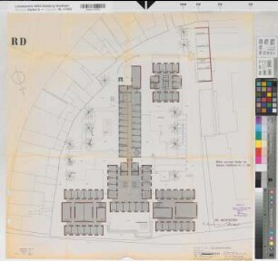Münster (Münster) Entwurf des Regierungsgebäudes Grundriß Kellergeschoß 1964 1 : 200 69 x 70 farb. Vervielfältigung Staatsneubauleitung Münster