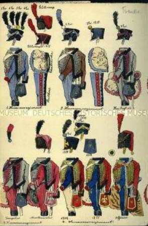 Uniformdarstellung, 18 Schemata von Uniformen der Husaren, Offiziere und Trompeter der 1.-8. Husaren-Regimenter, Frankreich, 1806/1815.