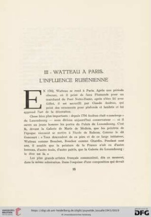 III. Watteau à Paris. L'Influence rubénienne