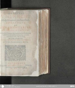 Hadriani a Mynsicht Thesaurus et armamentarium medico-chymicum