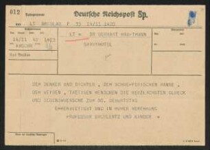 Brief von Wilhelm Ercklentz an Gerhart Hauptmann