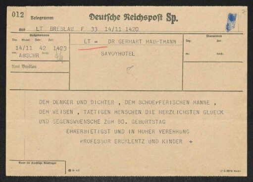 Brief von Wilhelm Ercklentz an Gerhart Hauptmann