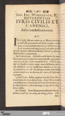 Ioh. Iac. Wissenbach, IC. Differentiae Ivris Civilis Et Canonici, Ad seriem Institutionum.