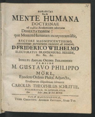 2: ... quae Mentem Humanam incorpoream sistit : Die Febr. Ann. M.DCXCVII.