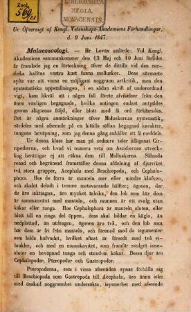 Ur Őfversigt af kongl. Vetenskaps-Akademiens Förhandlingar, d. 9 Jun. 1847 : Malacozoologi