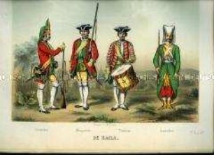 Uniformdarstellung, Grenadier, Musketier, Tambour, Janitschar, Infanterie-Regiment (de Kaila) No. 3, 1730. Im Buch: Hauthal: Geschichte der Sächsischen Armee in Wort und Bild.