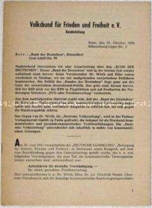 Rundschreiben des "Volksbundes für Frieden und Freiheit" mit einer Stellungnahme zum "Bund der Deutschen"