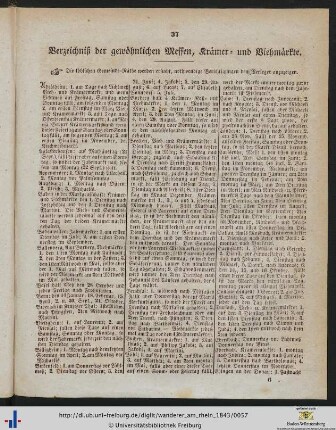 Verzeichnis der gewöhnlichen Messen, Krämer- und Viehmärkte.