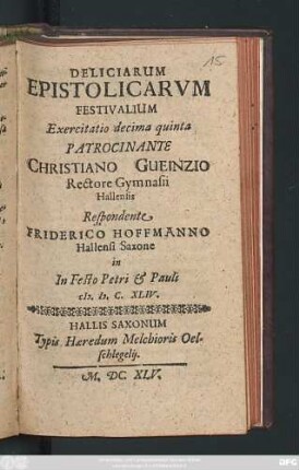 Deliciarum Epistolicarum Festivalium Exercitatio decima quinta