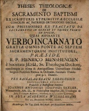 Theses theologicae de sacramento baptismi ...