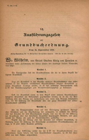 VI. Ausführungsgesetz zur Grundbuchordnung. Vom 26. September 1899.