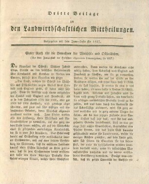 Dritte Beilage zu den Landwirthschaftlichen Mittheilungen. Ausgegeben mit dem Juny-Hefte für 1827.