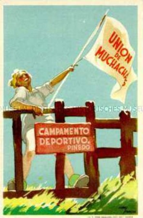 Werbepostkarte des spanischen Bildungsministeriums für ein sozialistisches Mädchen-Sportlager