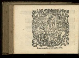 Holzschnitt 10,4x10,3 : mit Spruchband und Darstellung der Himmelfahrt Jesu Christi, darunter Motto: Beatus populus quid [quid = gestrichen] scit iubilationem
