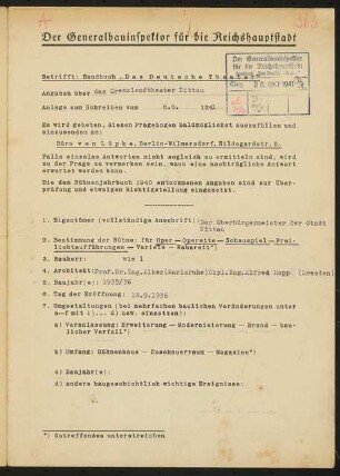 Grenzlandtheater, Zittau: Fragebogen für das Handbuch »Das Deutsche Theater«, vierseitiges Dokument