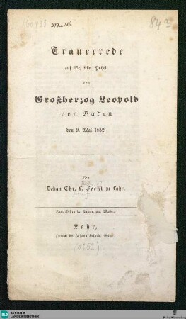 Trauerrede auf Se. Kön. Hoheit den Großherzog Leopold von Baden, den 9. Mai 1852