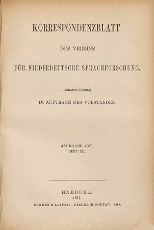Korrespondenzblatt des Vereins für Niederdeutsche Sprachforschung. 12. 1887