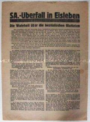 Propagandaflugblatt der KPD über den Terror der SA in Eisleben nach der Regierungsübernahme durch Hitler