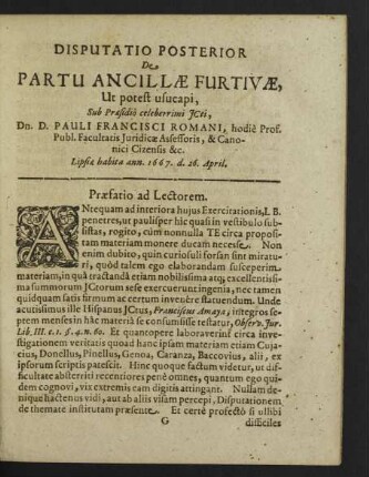 Disputatio Posterior De Partu Ancillae Furtivae ...