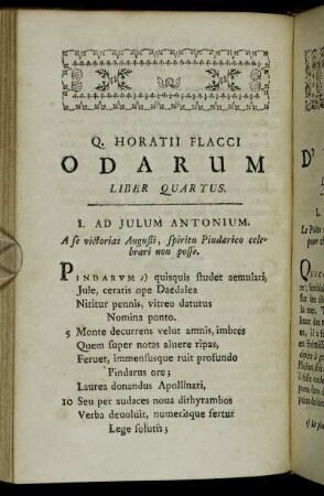 Q. Horatii Flacci Odarum Liber Quartus = Odes D'Horace. Livre Quatrième