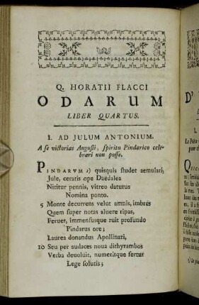 Q. Horatii Flacci Odarum Liber Quartus = Odes D'Horace. Livre Quatrième