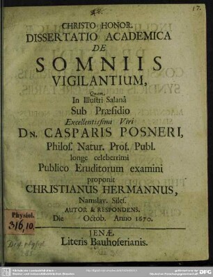 Dissertatio academica de somniis vigilantium : [Praes.:] Caspar Posner. [Resp.:] Christian Hermann