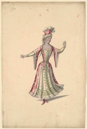 Kostümentwurf: Tänzerin in Rot und Grün, mit Kastagnetten