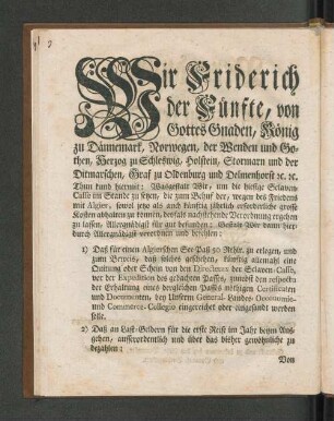 [Verordnung, betreffend die zum Behuf der Sclaven-Casse in Copenhagen zu erlegende Gelder.]