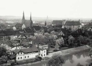 Zwickau, Stadt : Zwickau. Stadtansicht mit Katharinenkirche und Schloß Osterstein. Blick vom rechten Ufer der Zwickauer Mulde nach Norden