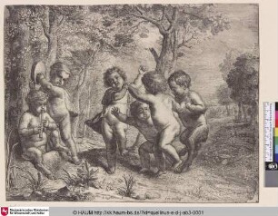 [Vier tanzende Kinder (Bacchanten) und zwei musizierende; Four dancing children (Bacchantes) and two making music]