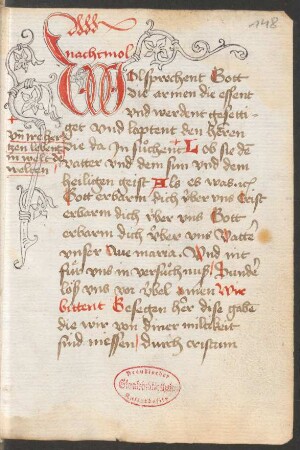 Initiale W (mit ergänzten Rankenausläufern, Federzeichnung)