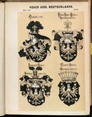 Taf. 255. Ulrich, I. 1480. - Enno Graf u. Herr z. Ostfriesland, 1533. - Edzard II. Graf z. Ostfriesland 1593. - Ulrich, Graf z. Ostfriesland 1645.