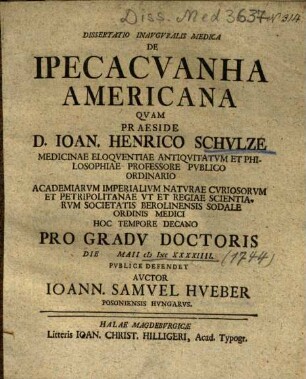 Dissertatio Inavgvralis Medica De Ipecacvanha Americana