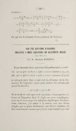 Sur une question d'algèbre relative a deux équations du quatrième degré.