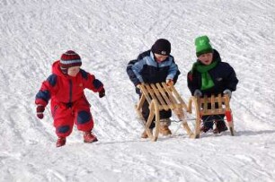 Kinder rodeln im Harz : Kinder am Rodelhang, Unterharzgebiet, bei Friedrichsbrunn, aufgenommen 2006